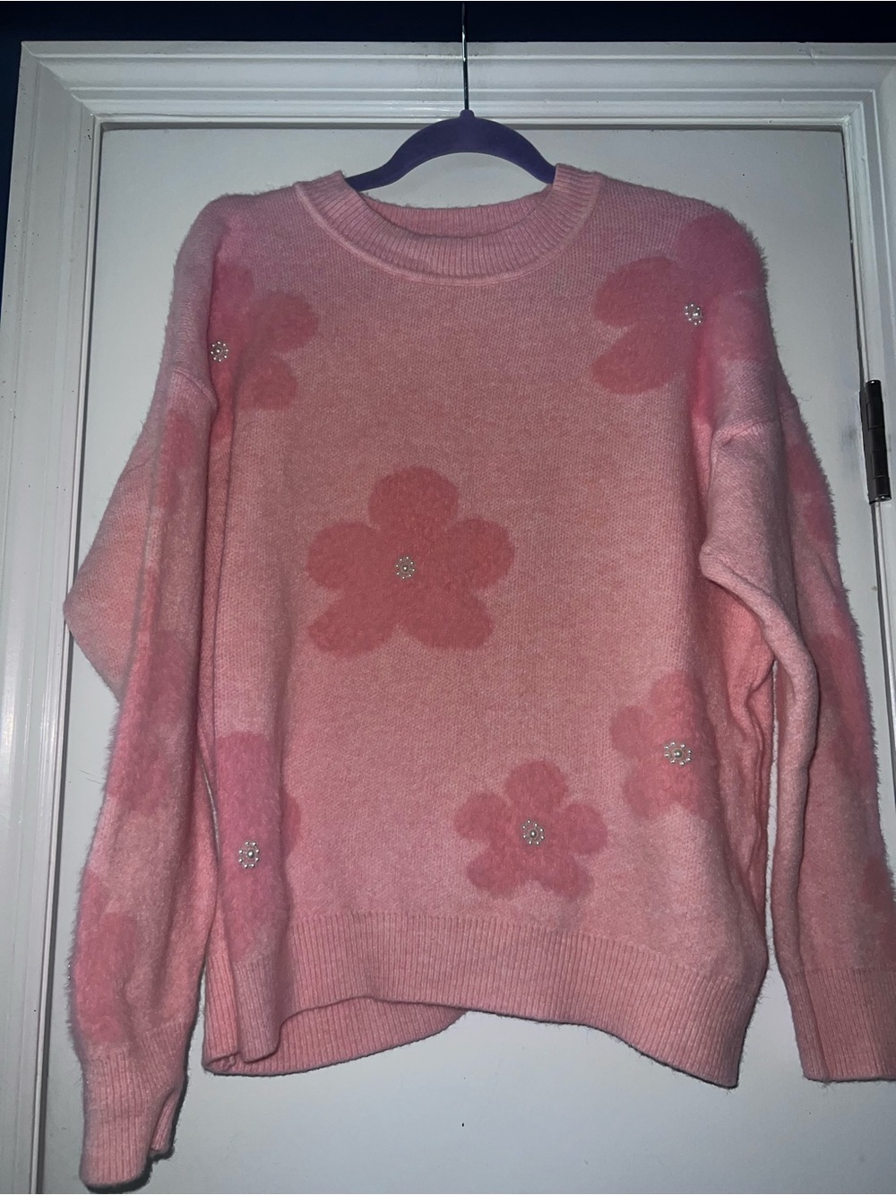 Nanette Lepore Pink Floral Crewneck Sweater with Rhinestone Centers